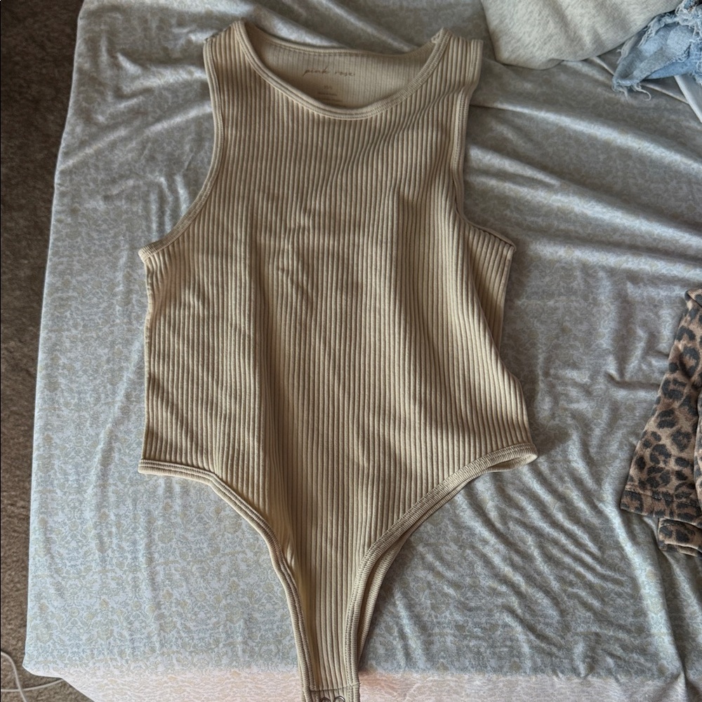 Pink Rose Ribbed Tan Bodysuit